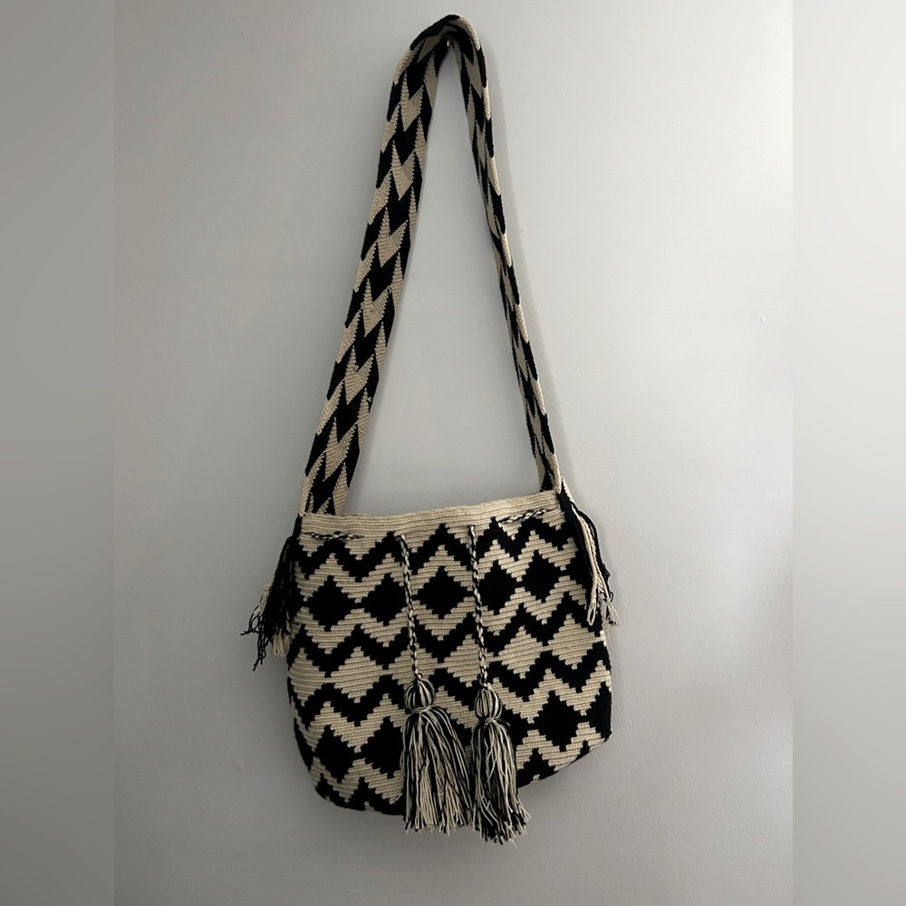 Black and Beige Chevron Shoulder Bag with Braided Strap